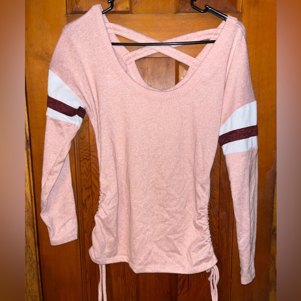 Long sleeve sweater shirt with cris cross back and sides ruching ties
